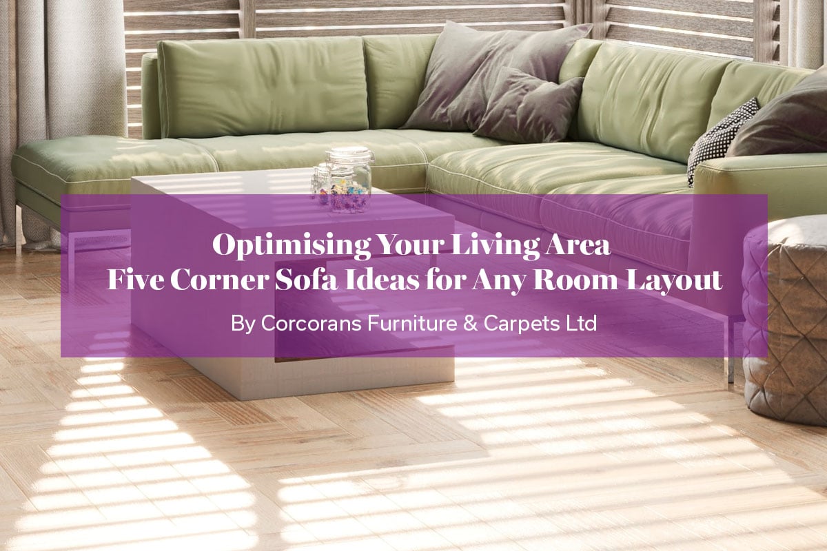 Olive green corner sofa with silver legs.