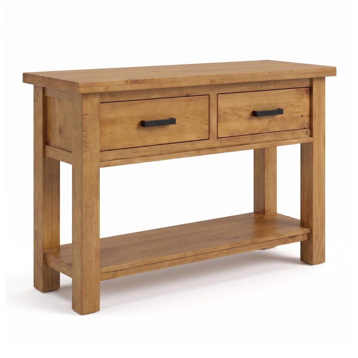 Ailbhe rustic oak console table with two drawers featuring black metal handles and a lower open shelf, shown on a white background.
