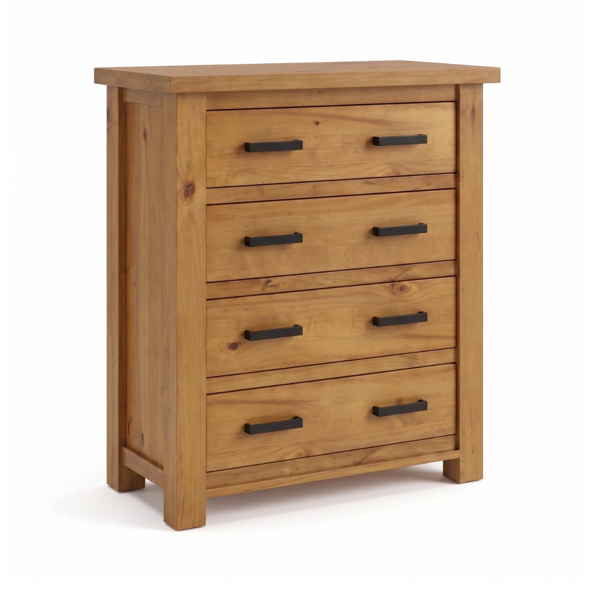 Ailbhe 4-drawer wooden chest of drawers in a rustic oak finish, featuring black metal bar handles and a matching top surface, shown on a plain white background.