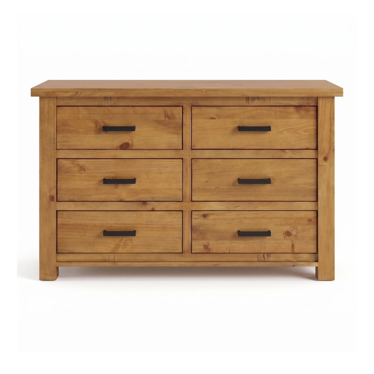 Ailbhe six-drawer wooden dresser with a rustic oak finish and black metal bar handles, shown against a plain white background.