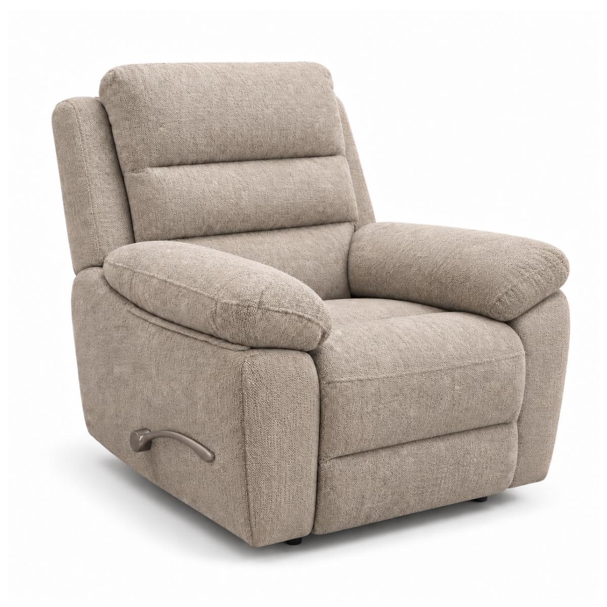 Aldora light brown upholstered recliner chair with padded arms, a segmented backrest, and a side control lever, shown on a clean white background.