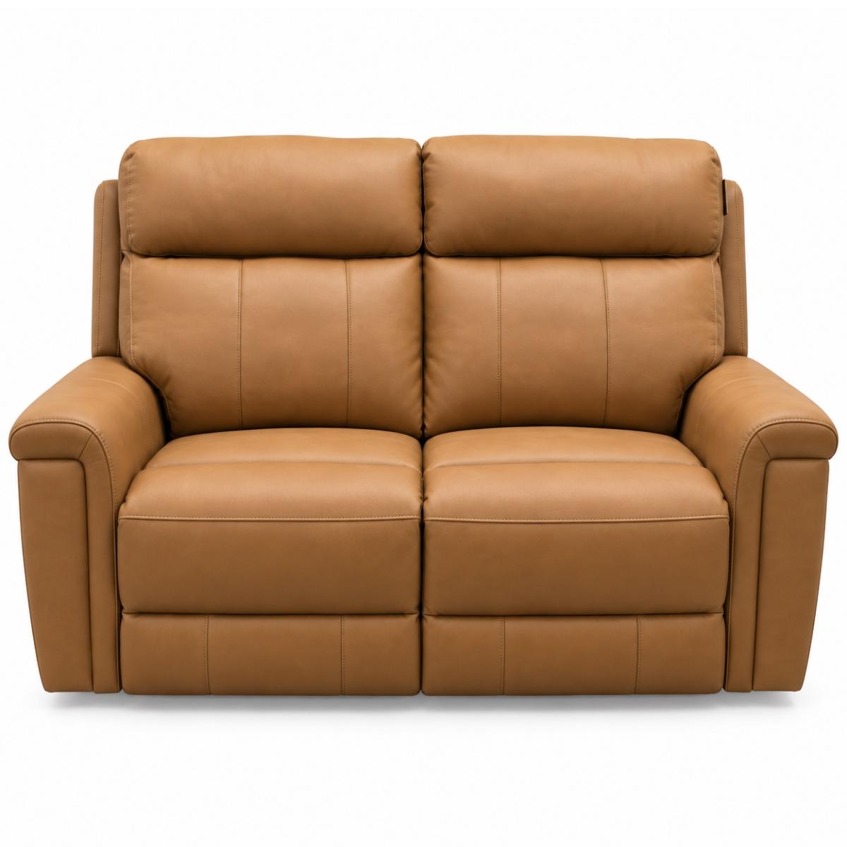 Ambrosia two-seater power reclining loveseat sofa upholstered in smooth tan faux leather, shown from a front-facing perspective against a solid white background.
