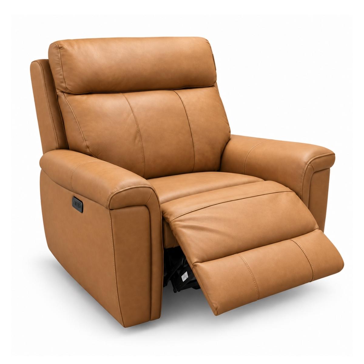 Ambrosia tan faux leather recliner chair with the footrest extended, shown on a clean white background.