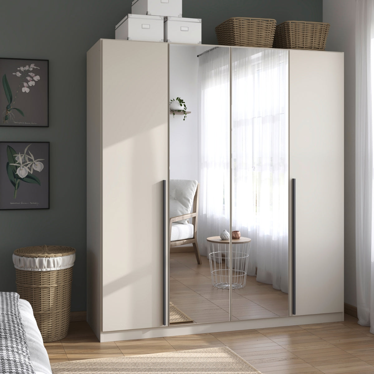 Archie beige wardrobe with mirror doors in a bedroom setting