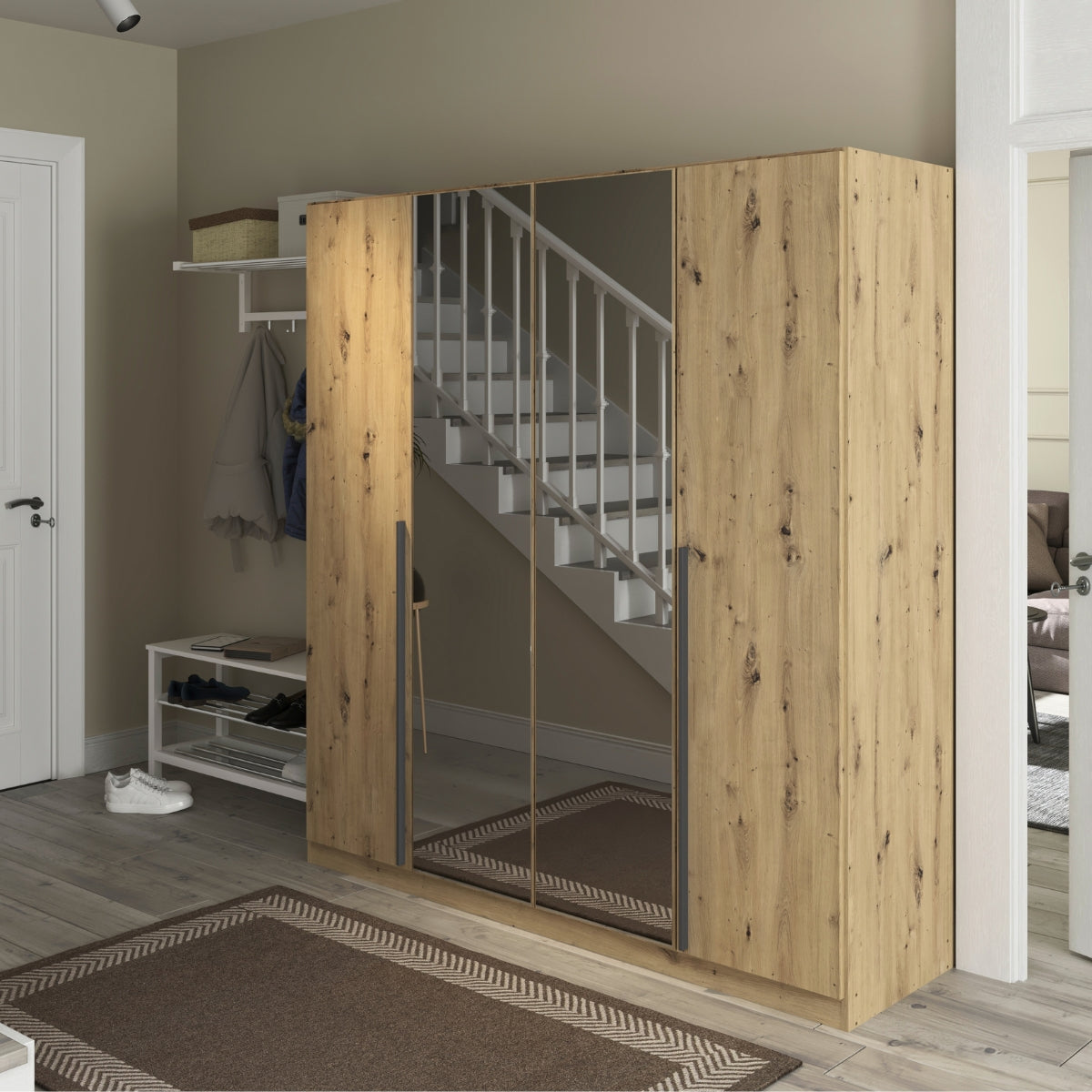Archie oak wardrobe with glass panels in a room with a staircase and shoes on the floor.