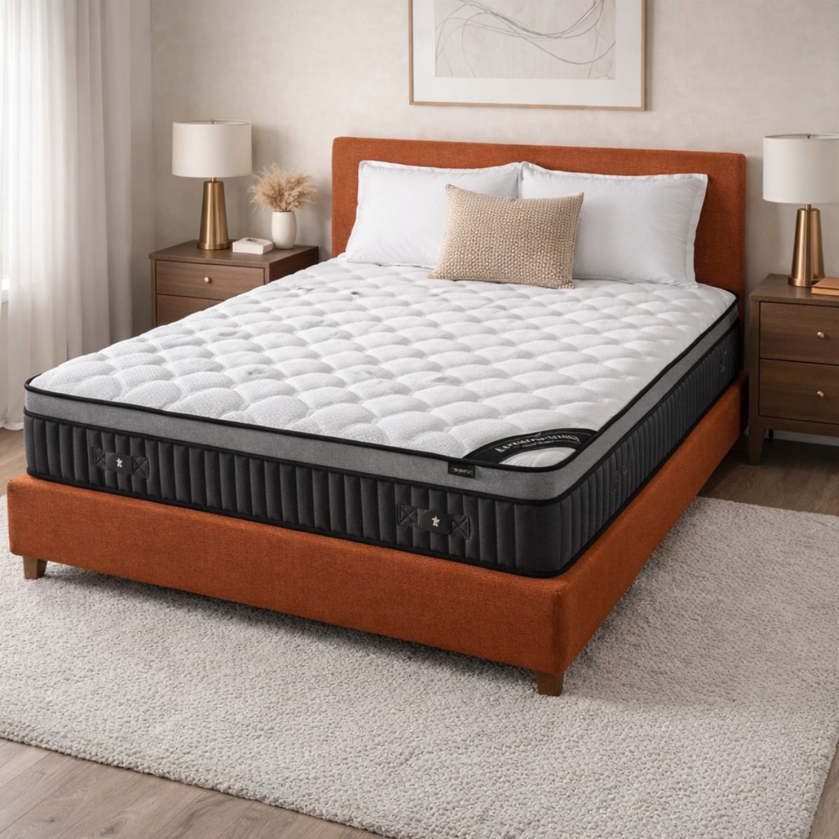 Mattress on a bed in a bedroom setting with lamps and decor.