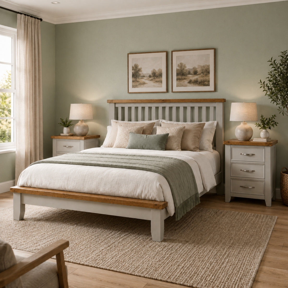 A styled bedroom scene featuring the Canter grey wood bed frame with white bedding, beige and sage green pillows, flanked by two matching grey nightstands with lamps, set against a sage green wall.