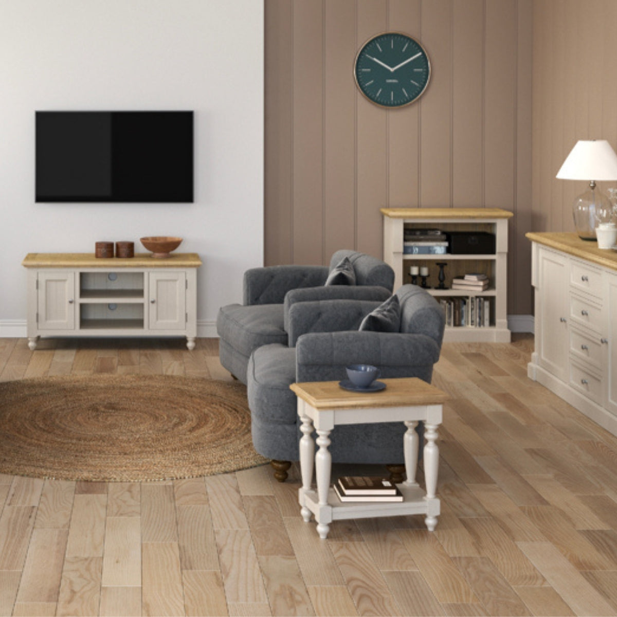 Living room with grey sofa, wooden coffee table, and striped wallpaper.