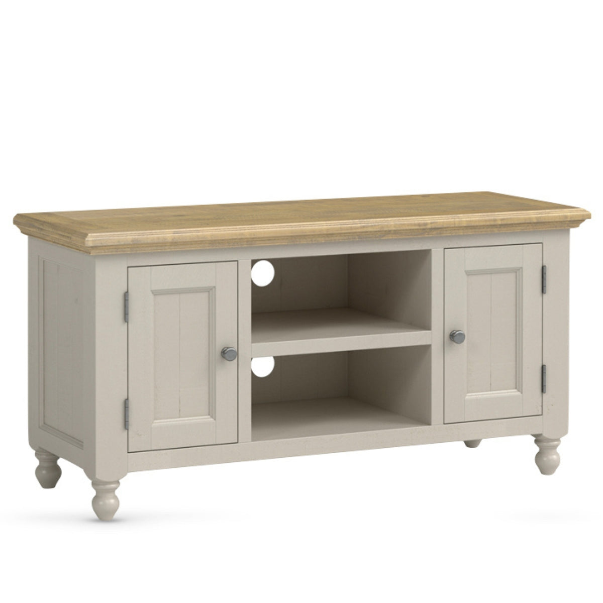 Painted grey TV unit with wooden top on a white background