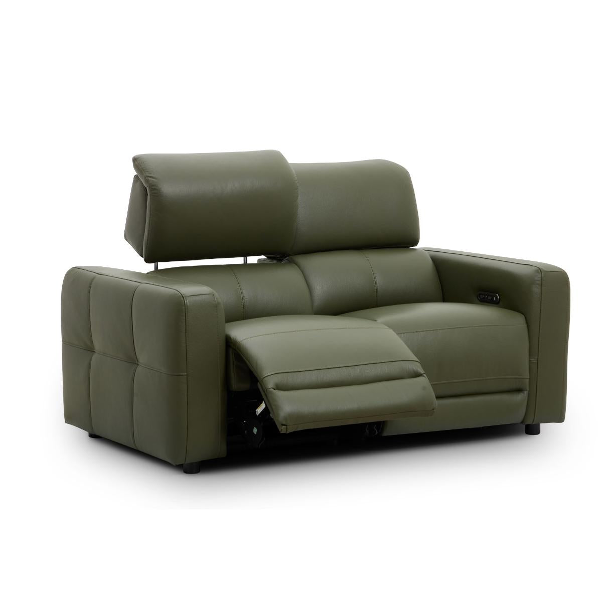 Carnegie green reclining loveseat sofa with the seat cushion extended, photographed on a clean white background.