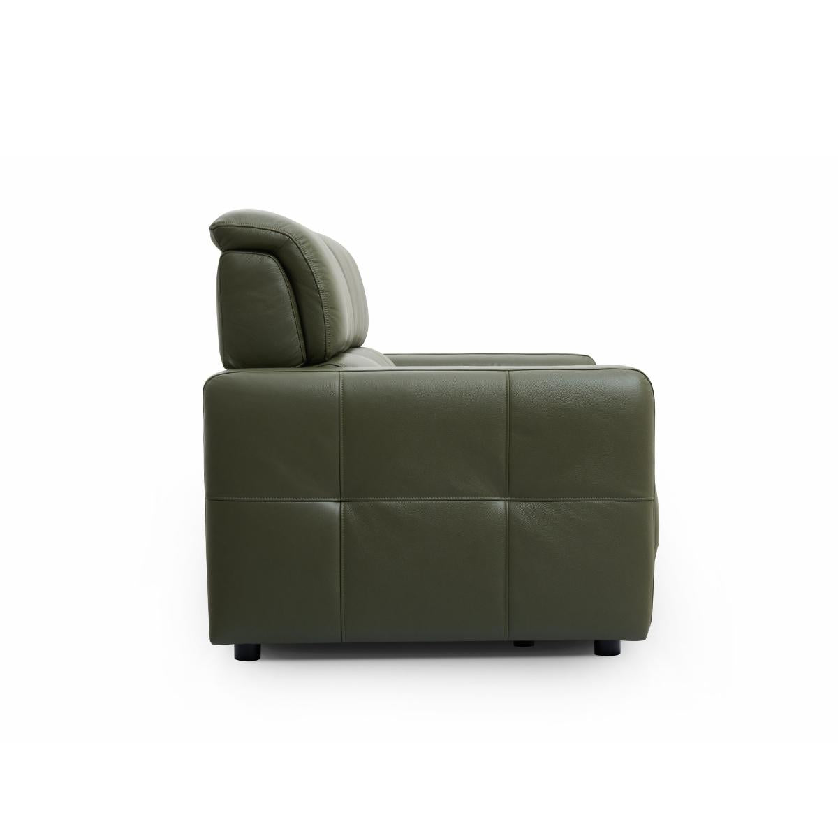 Carnegie green leather 2 seater sofa shown from a side-rear angle against a plain white background.
