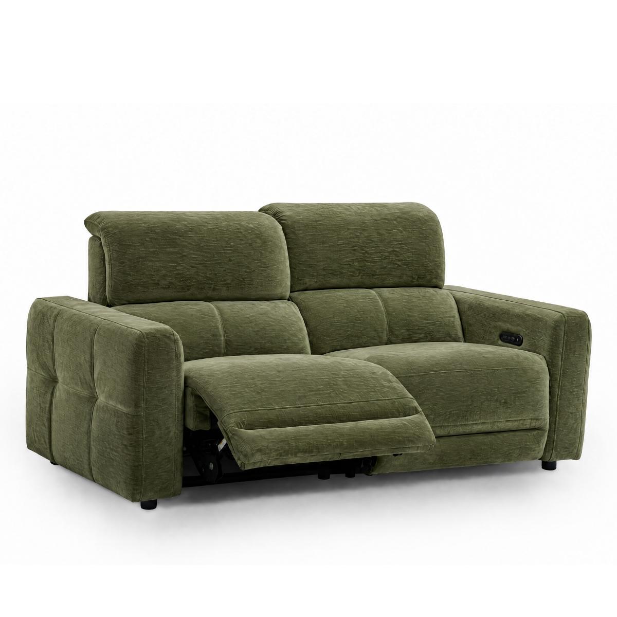 Carnegie green reclining loveseat sofa with the front seat cushion extended, shown against a plain white background.
