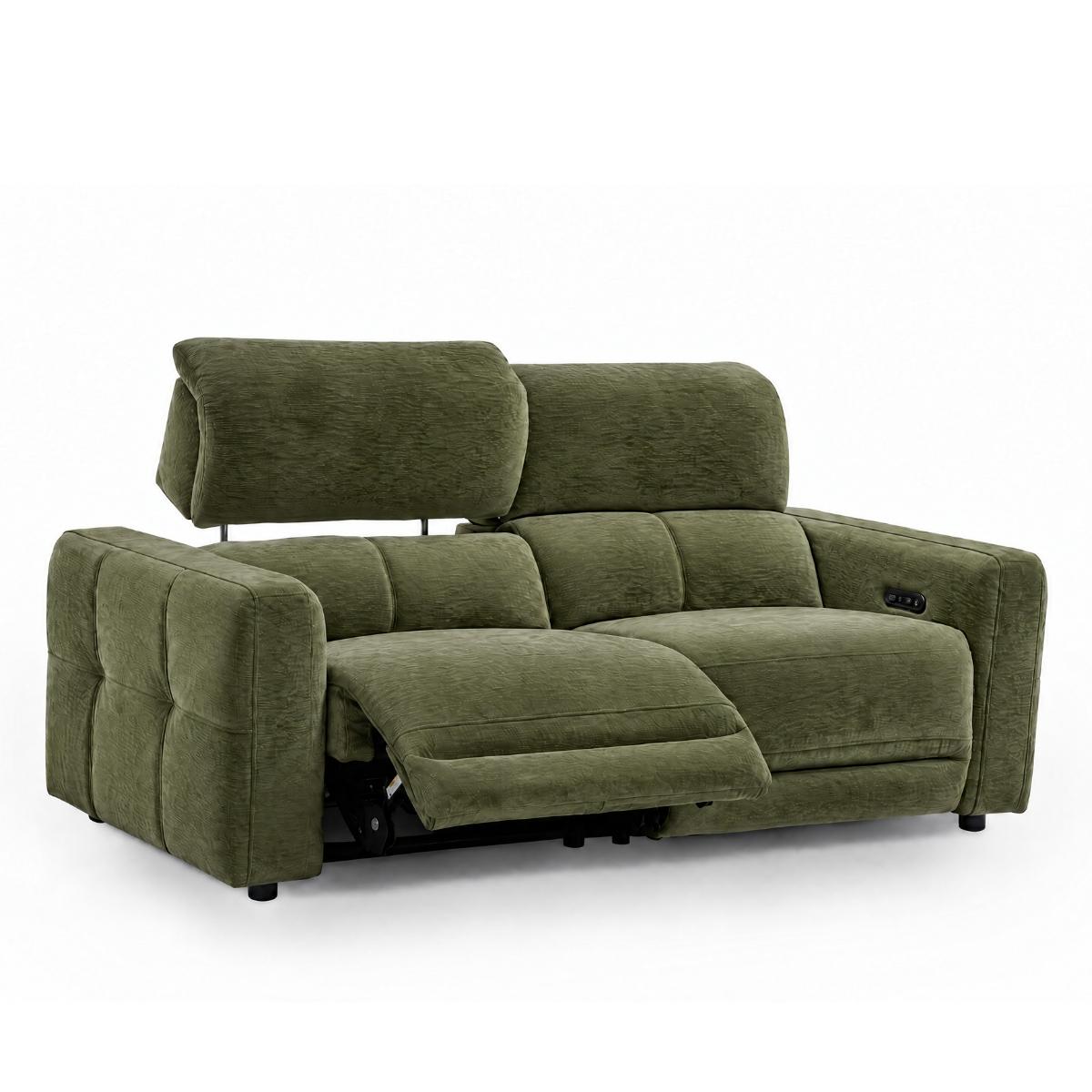 Carnegie green upholstered reclining sofa, shown in a side-reclined position on a clean white background.