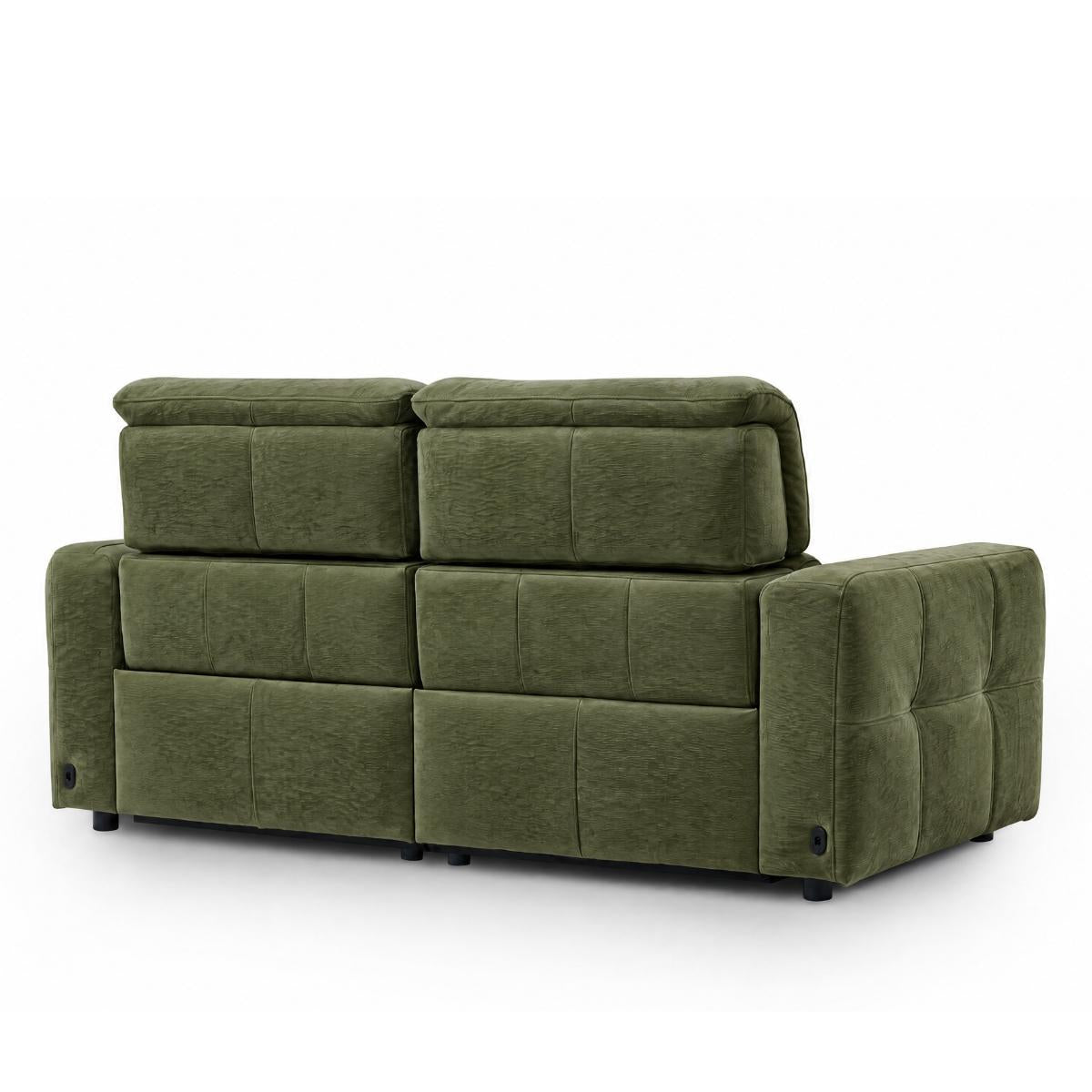 Carnegie green upholstered reclining sofa with a low-profile, wide armchair-style side, shown from a three-quarter angle against a plain white background.