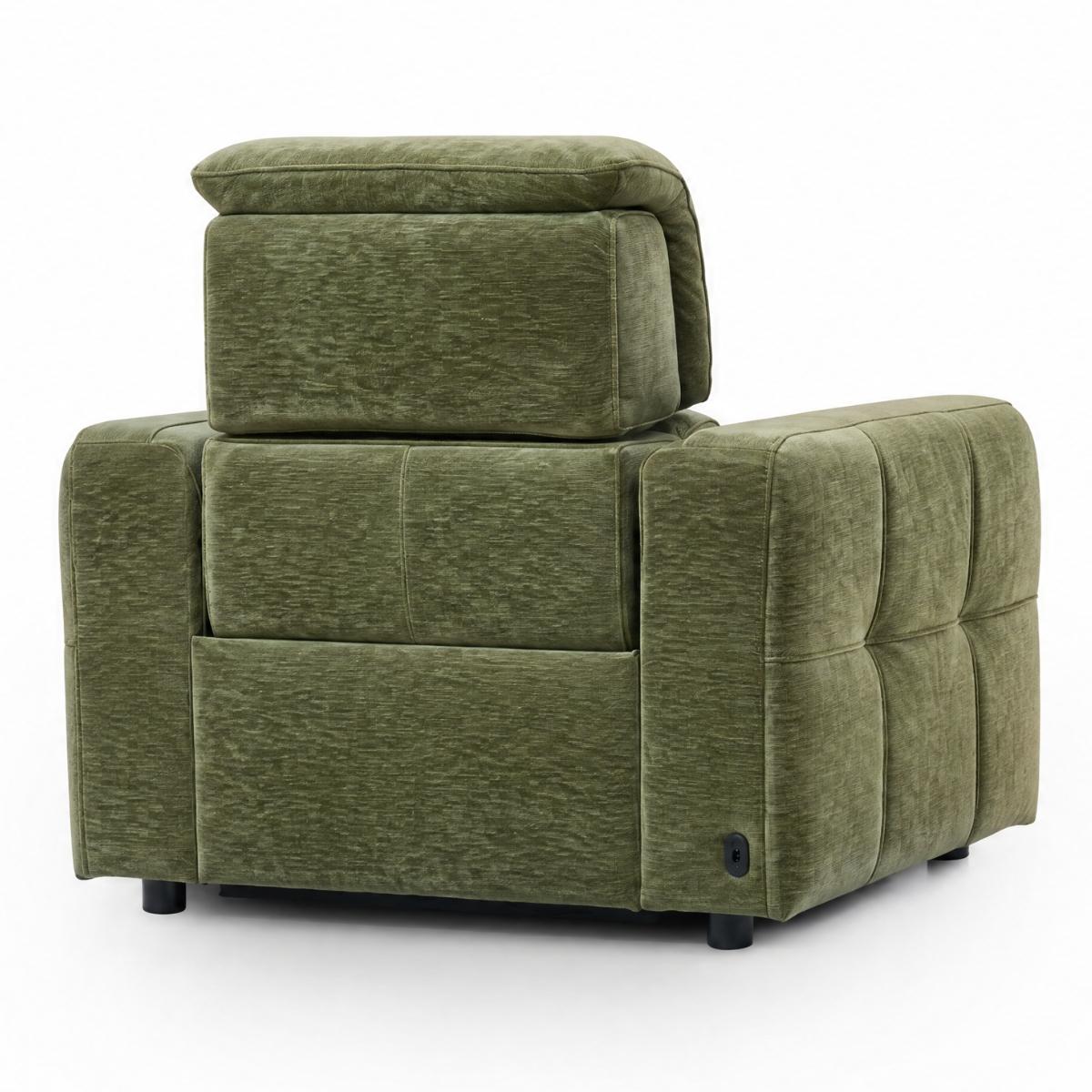 Carnegie green upholstered power recliner chair with a tufted backrest and armrests, shown from a three-quarter angle on a white background.