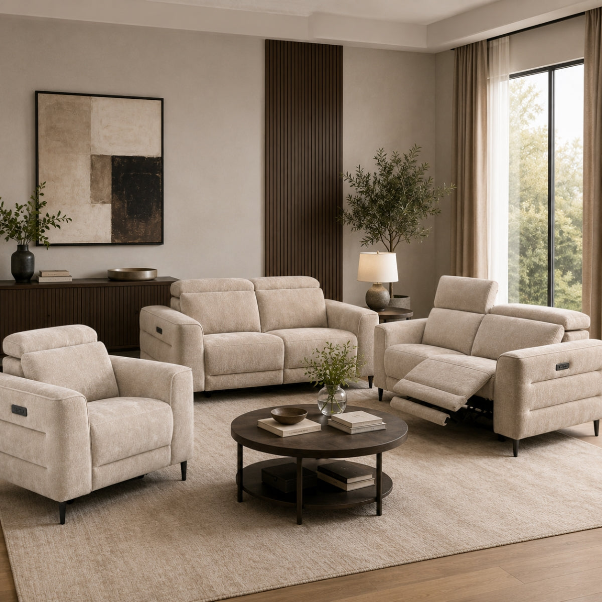 Cassara beige sofa set in a living room with a round coffee table and decorative elements.
