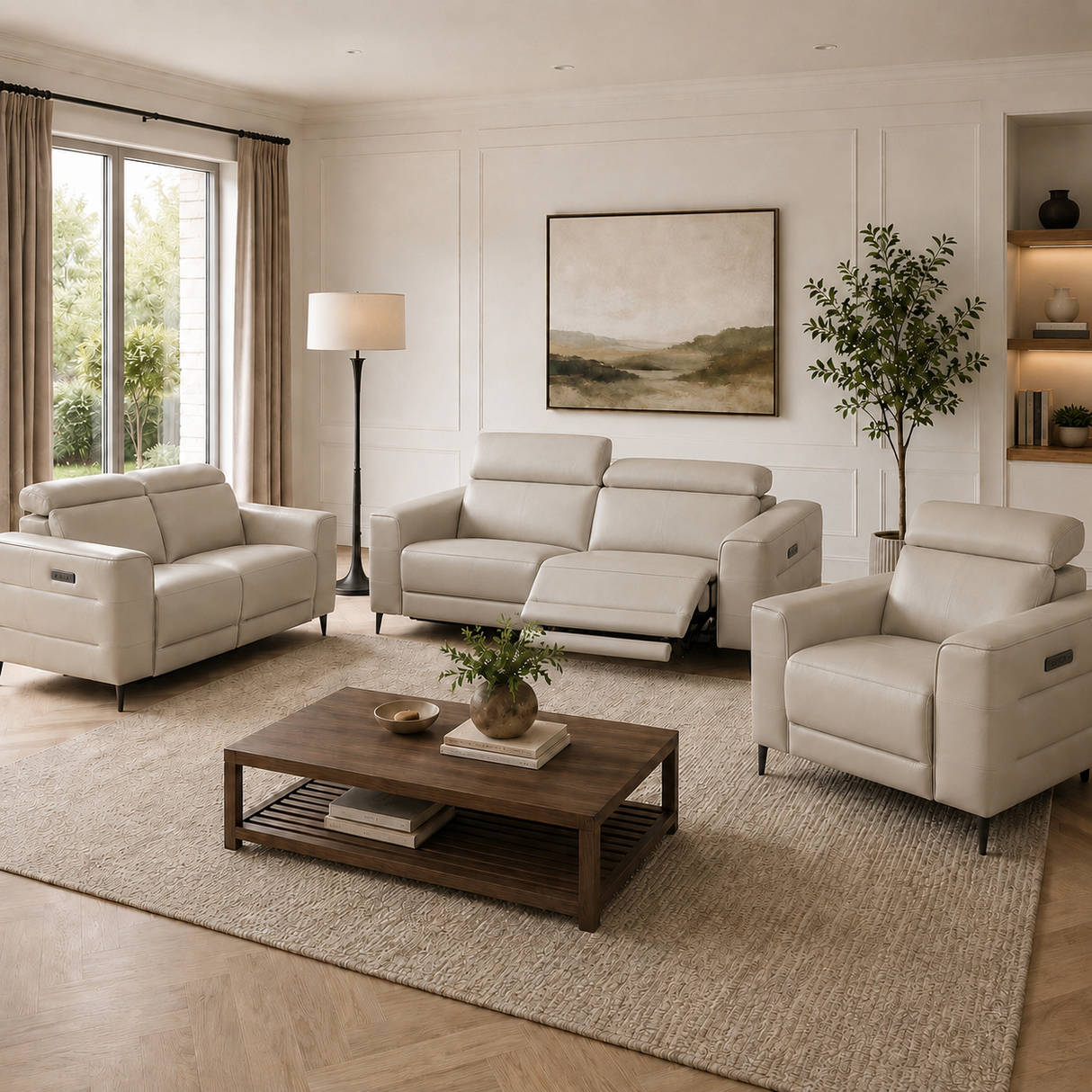 Modern living room with Cassara light grey sofas, a wooden coffee table, and decorative elements.