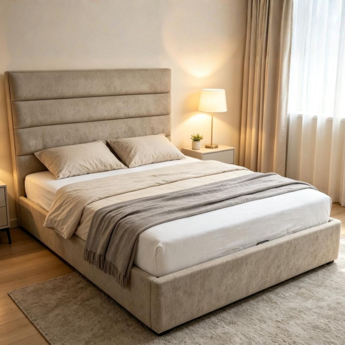 Catalina modern platform bed with a tall, padded upholstered headboard and matching base, dressed in white bedding and a grey throw blanket, set in a softly lit bedroom.