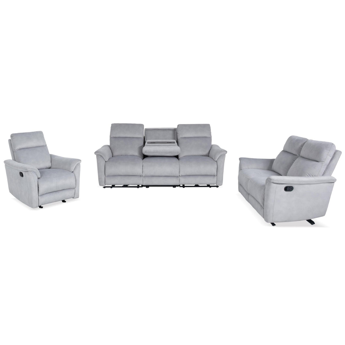 Cindy grey sofa set with recliner chairs on a white background.