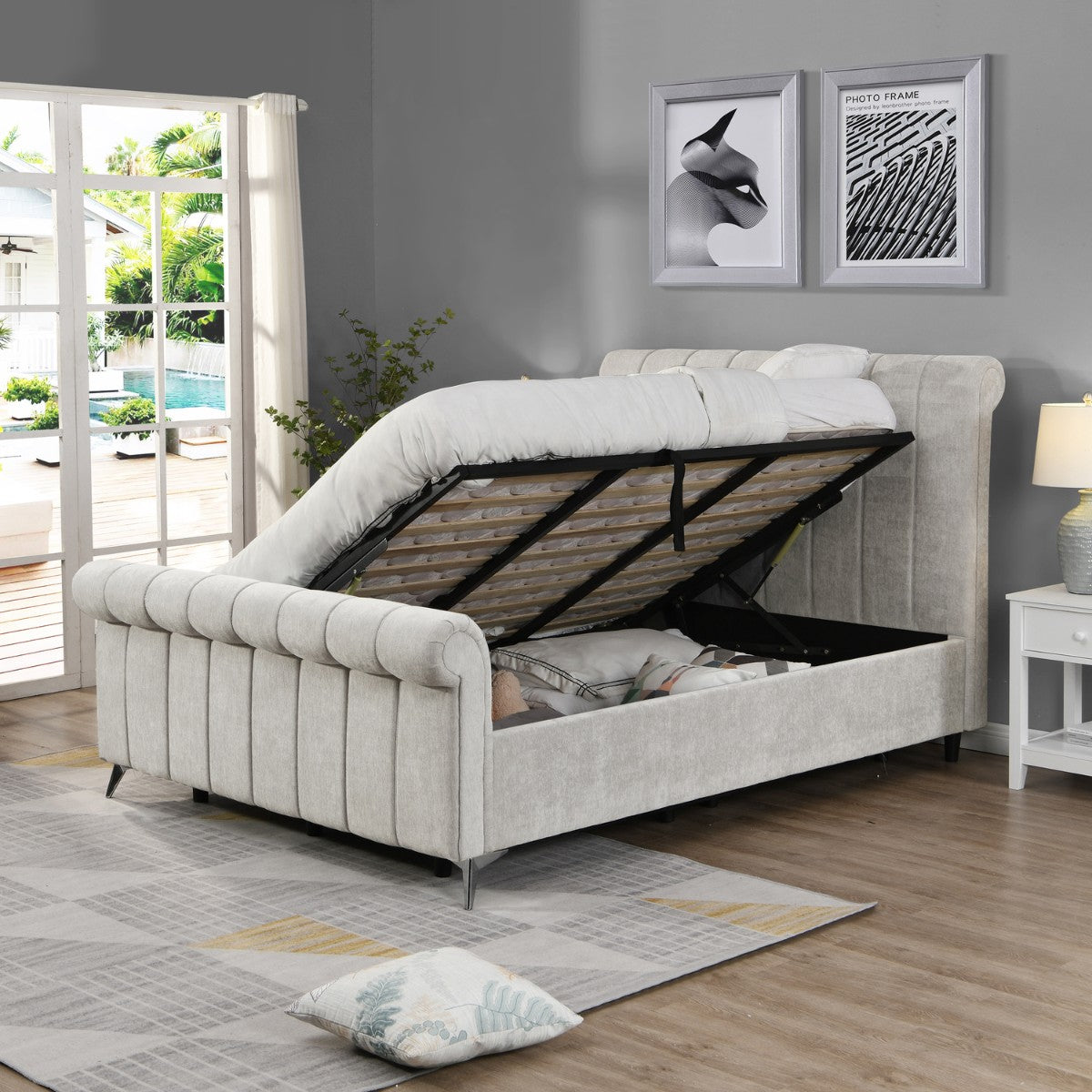 Corona Side Gas Lift Velvet Bed Beige - 4