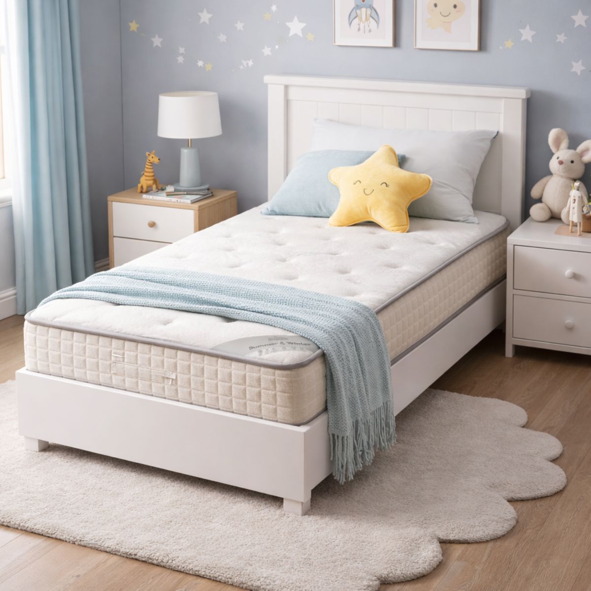 Children's bedroom with a white bed, star-shaped pillow, and teddy bear.