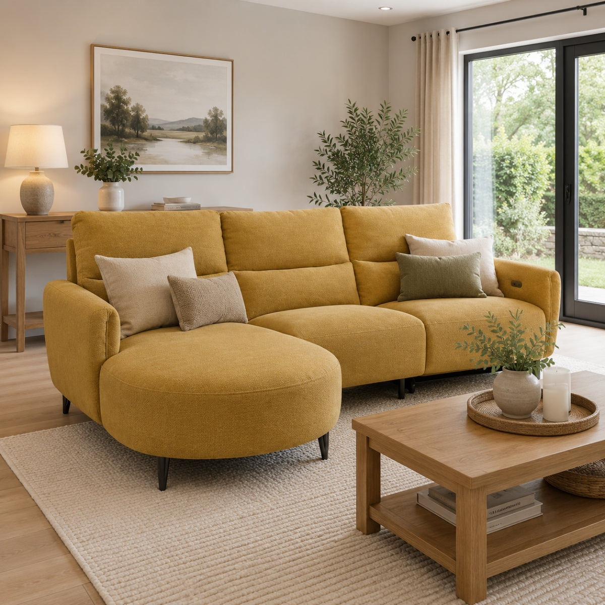 Dutton yellow sofa in a living room with a wooden coffee table and decorative items.