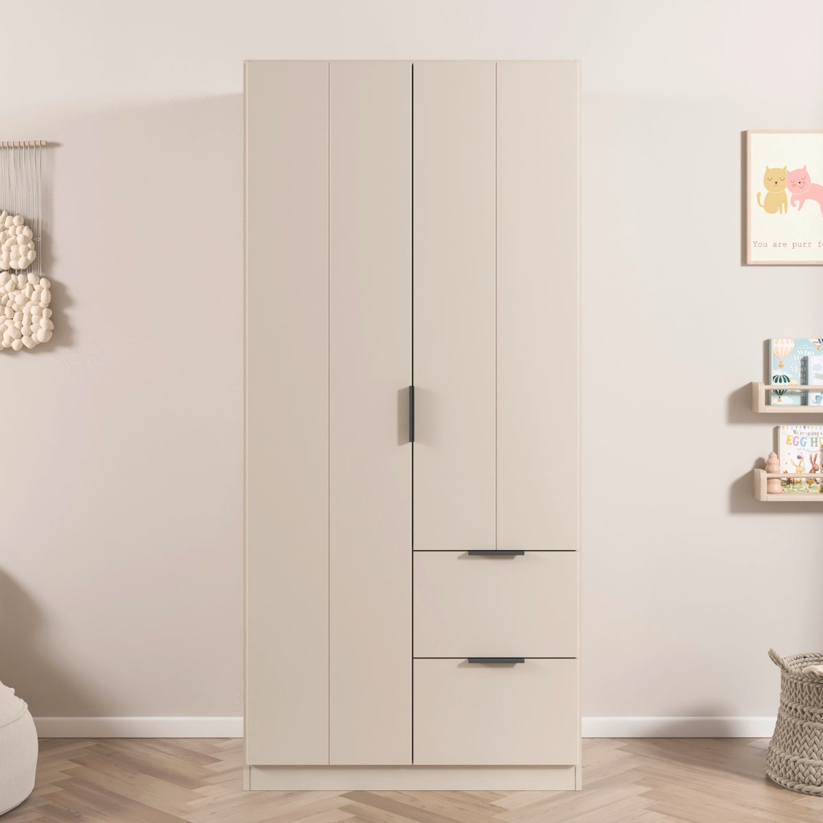 Emerson beige wardrobe with drawers in a room with light-coloured walls and decorative elements.