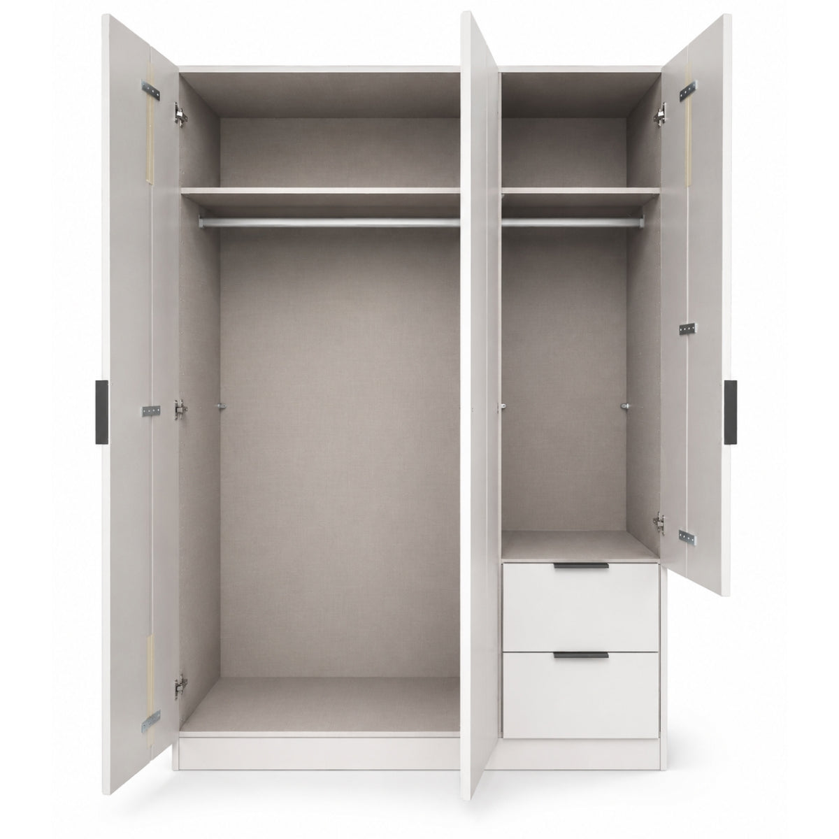 Emerson white wardrobe with open doors and a drawer on a white background