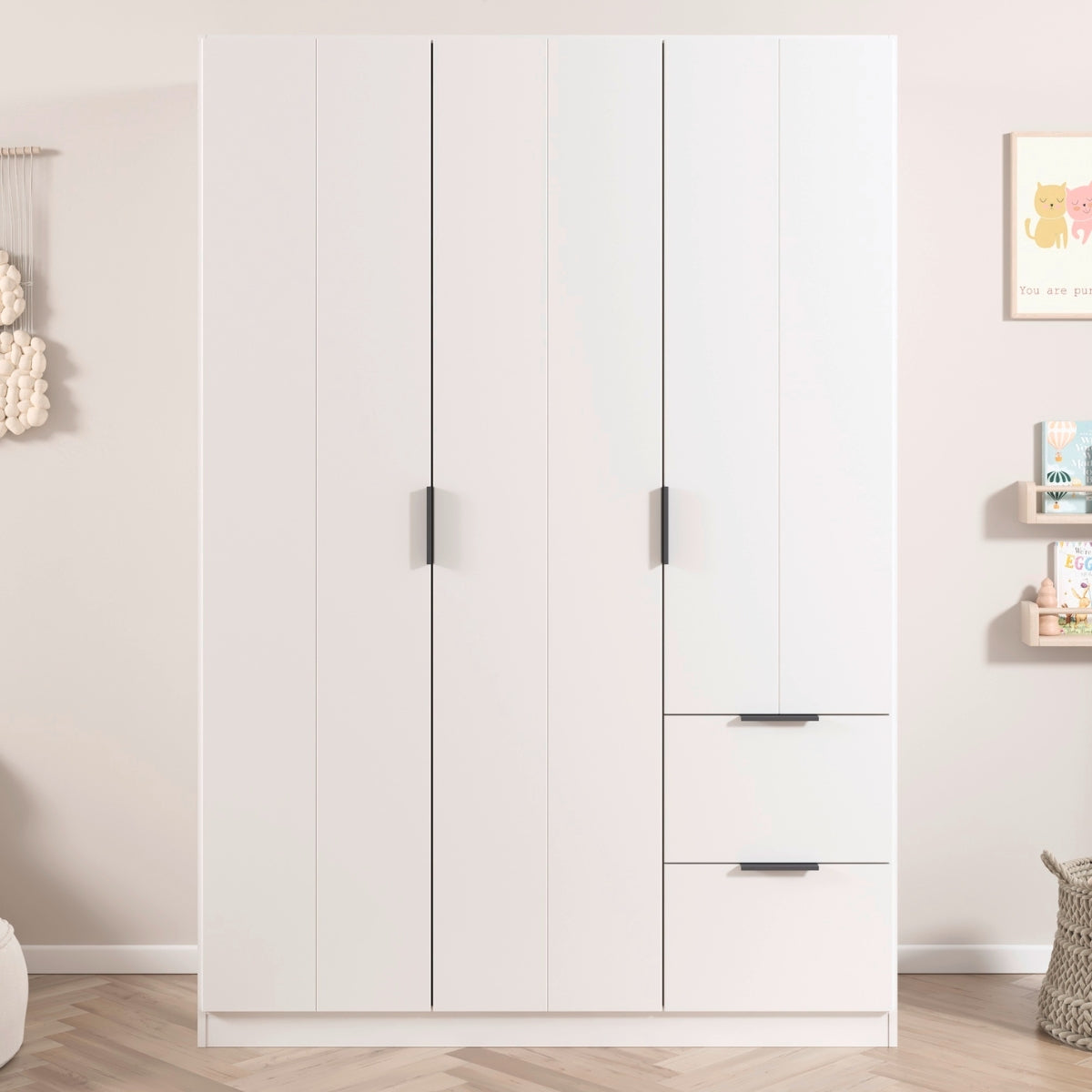 Emerson white wardrobe with doors and drawers in a room setting