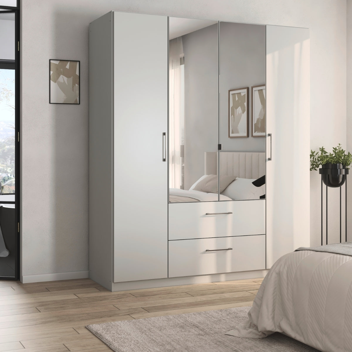 Ennis modern grey wardrobe in a large bedroom.