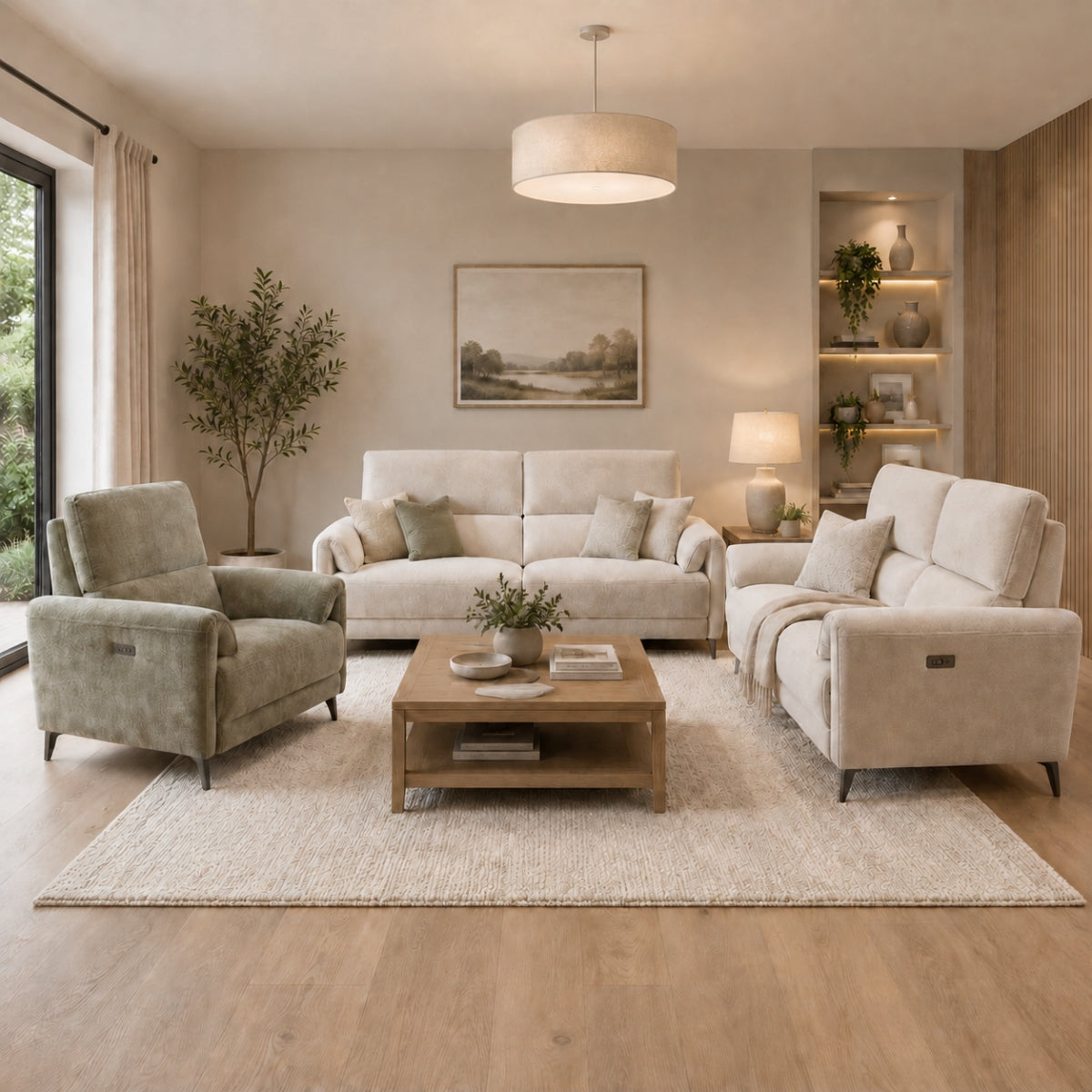 Modern living room with beige sofa, armchair, and coffee table.
