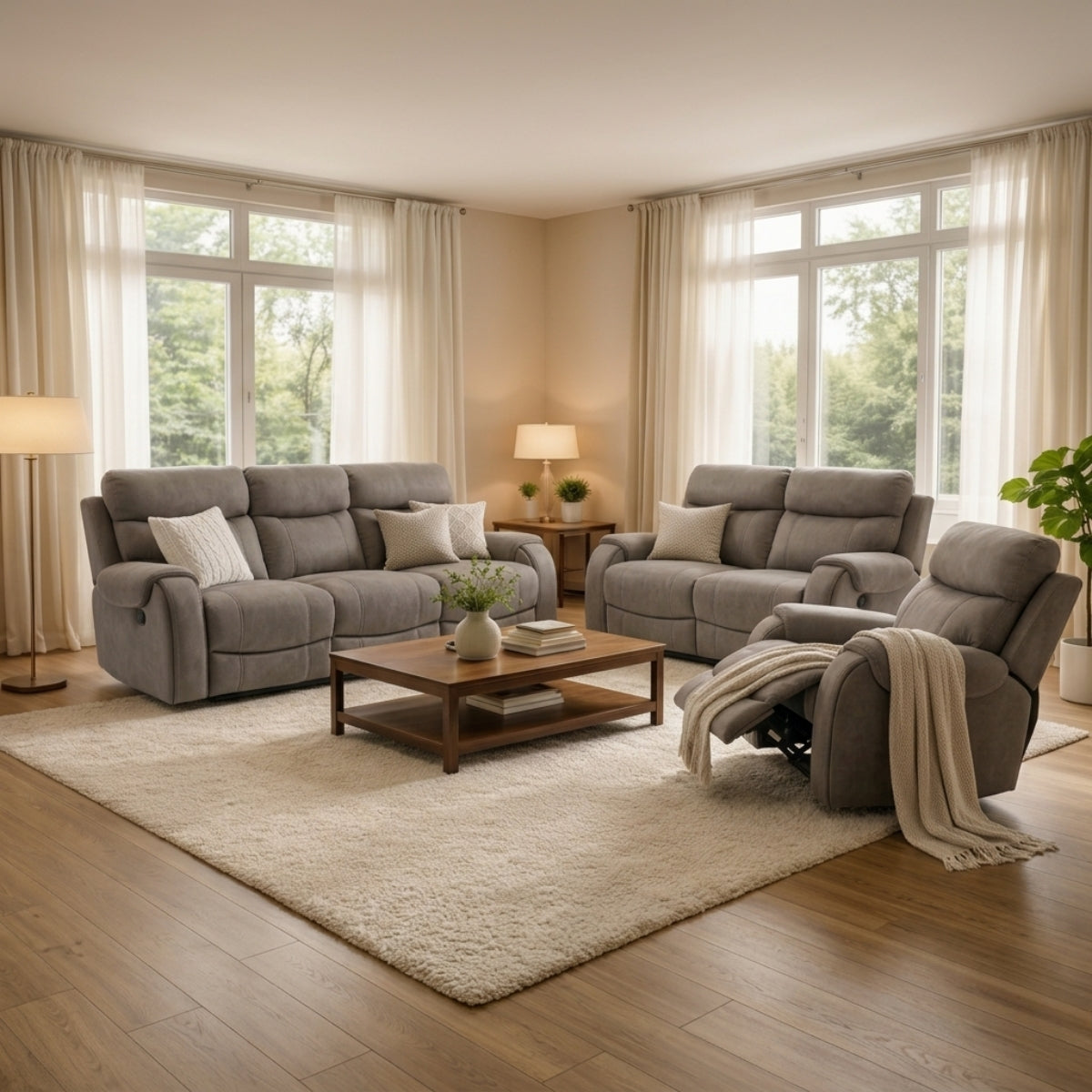Living room with Hamilton grey sofa suite and wooden coffee table.
