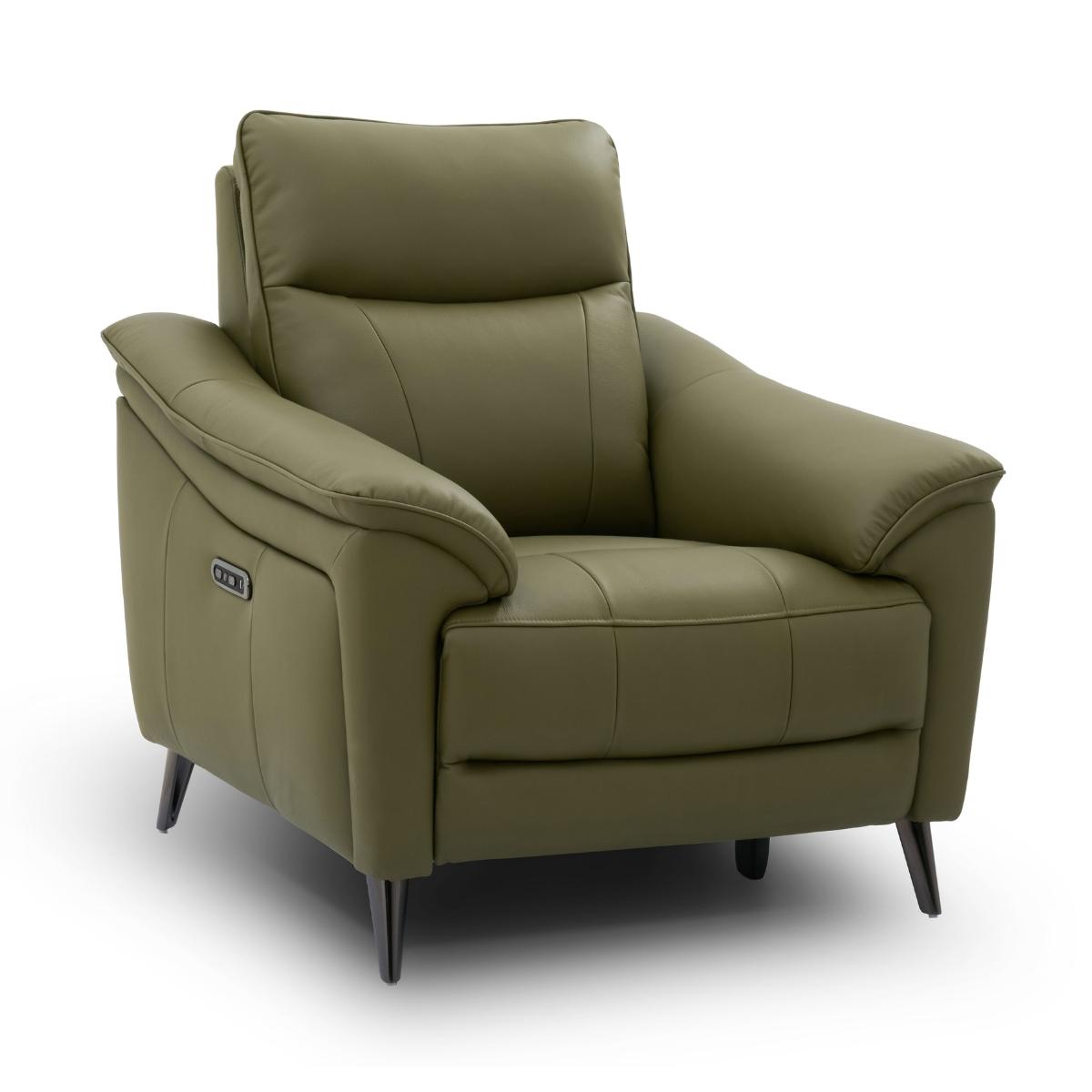 Hamish green leather recliner armchair with dark tapered legs and a small control panel on the side, shown on a white background.