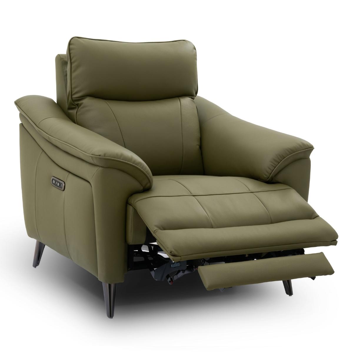 Hamish green leather recliner chair with the footrest extended, shown on a clean white background.