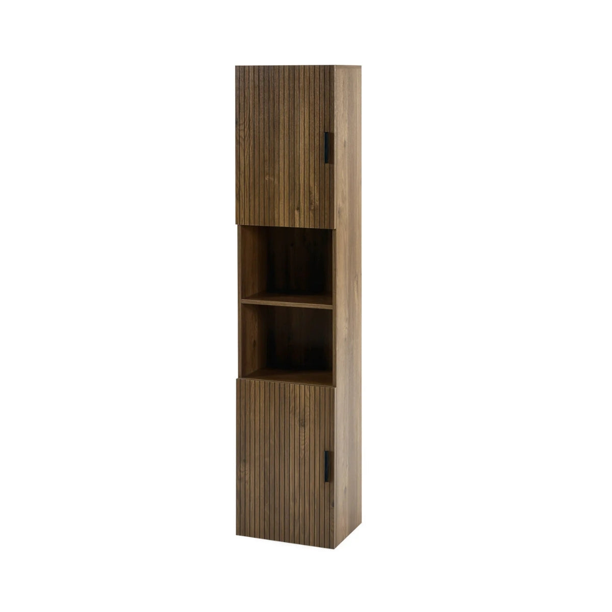 Hampshire tall wooden cabinet with open shelves on a white background