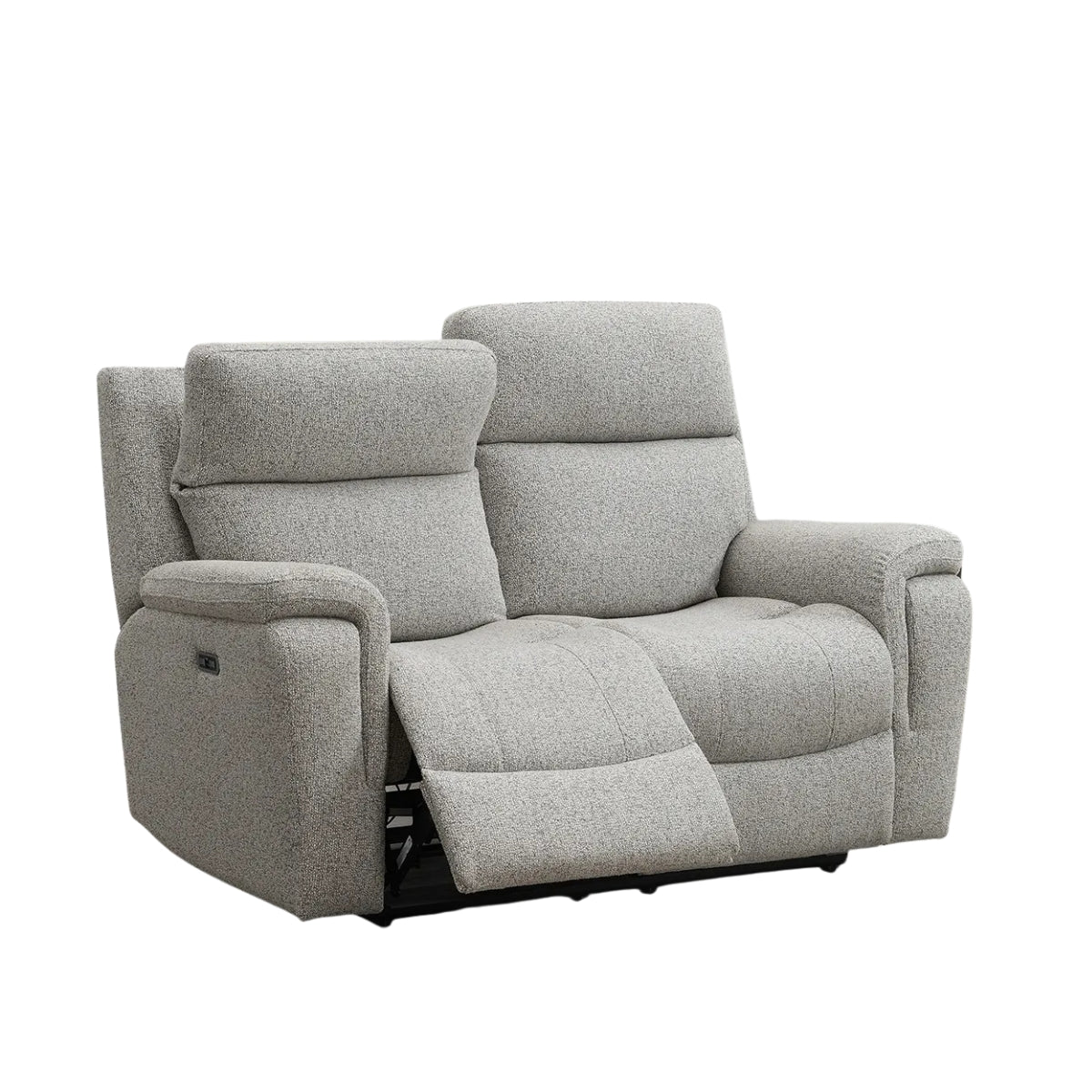 Hector grey upholstered recliner loveseat with a power control panel on the side, shown on a plain white background.