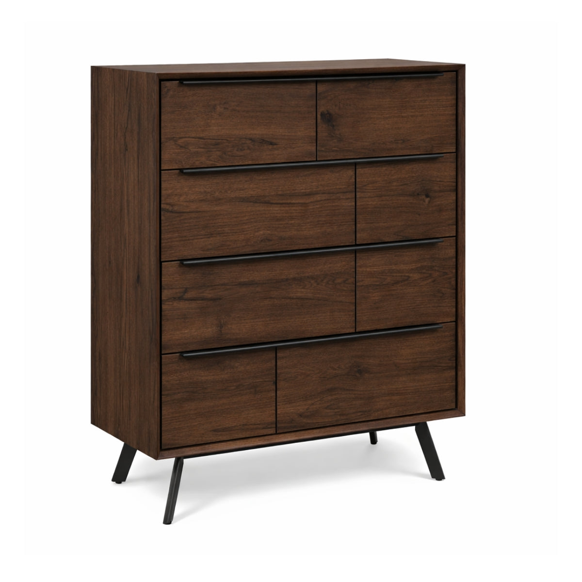 Mid century modern 4 drawer chest of drawers with four drawers on a white background