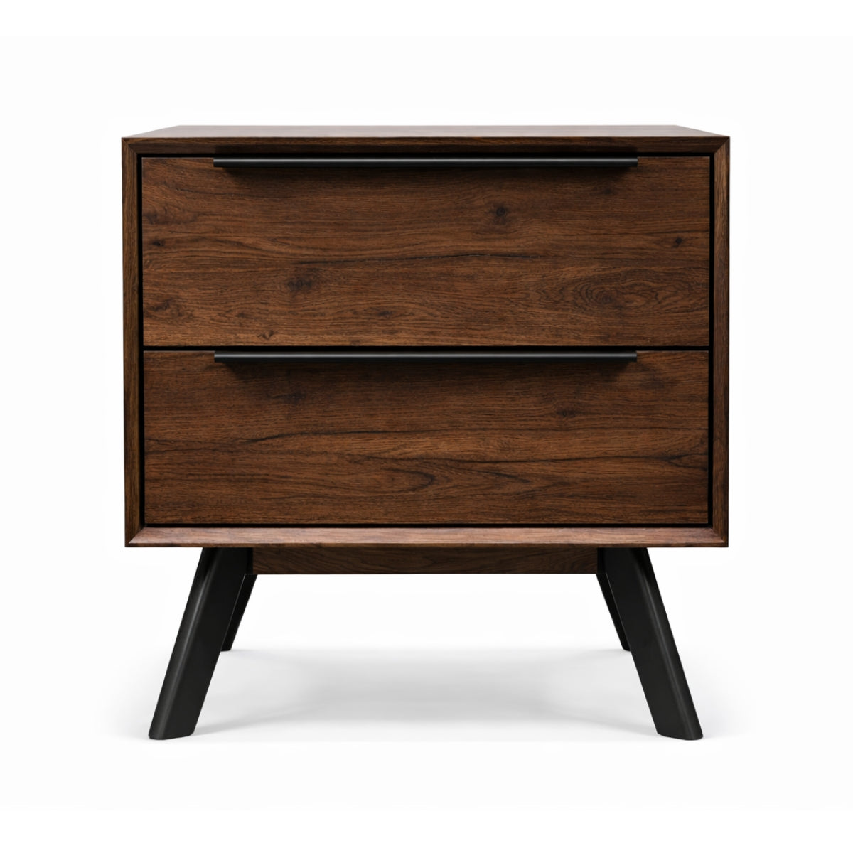 Wooden bedside locker with two drawers on a white background