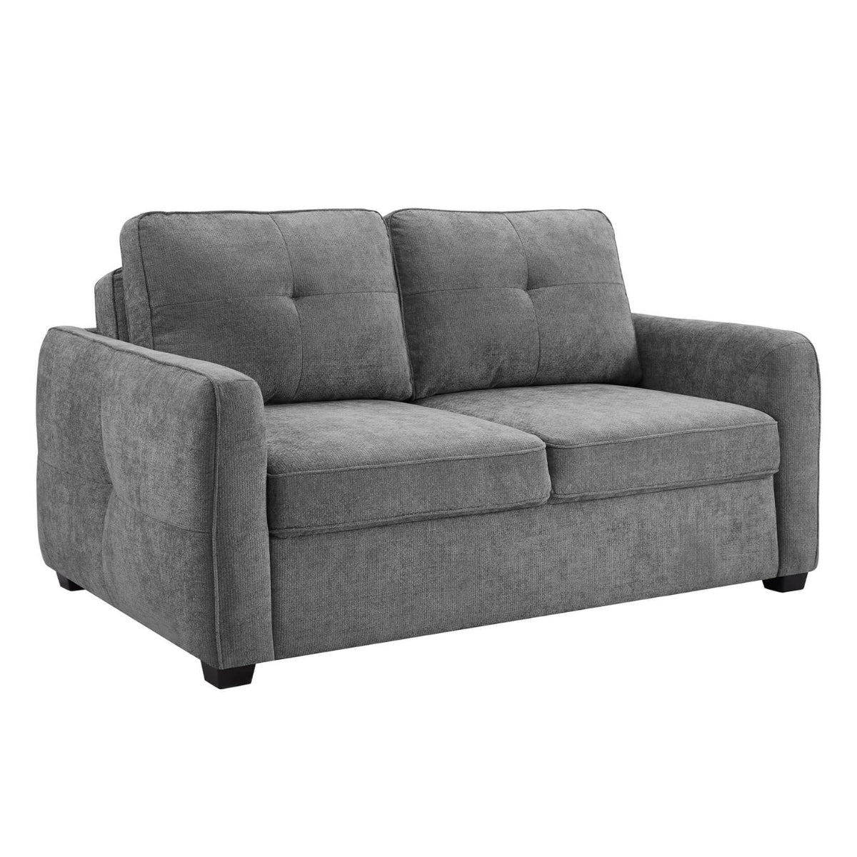 Keenan grey upholstered loveseat with tufted back cushions, wide armrests, and dark feet, shown on a plain white background.