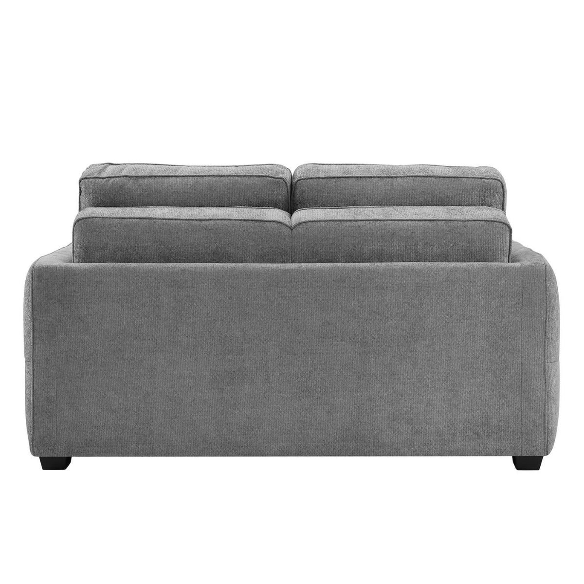 Keenan grey fabric loveseat sofa shown from the back, featuring two back cushions and a wide armrest, on a plain white background.