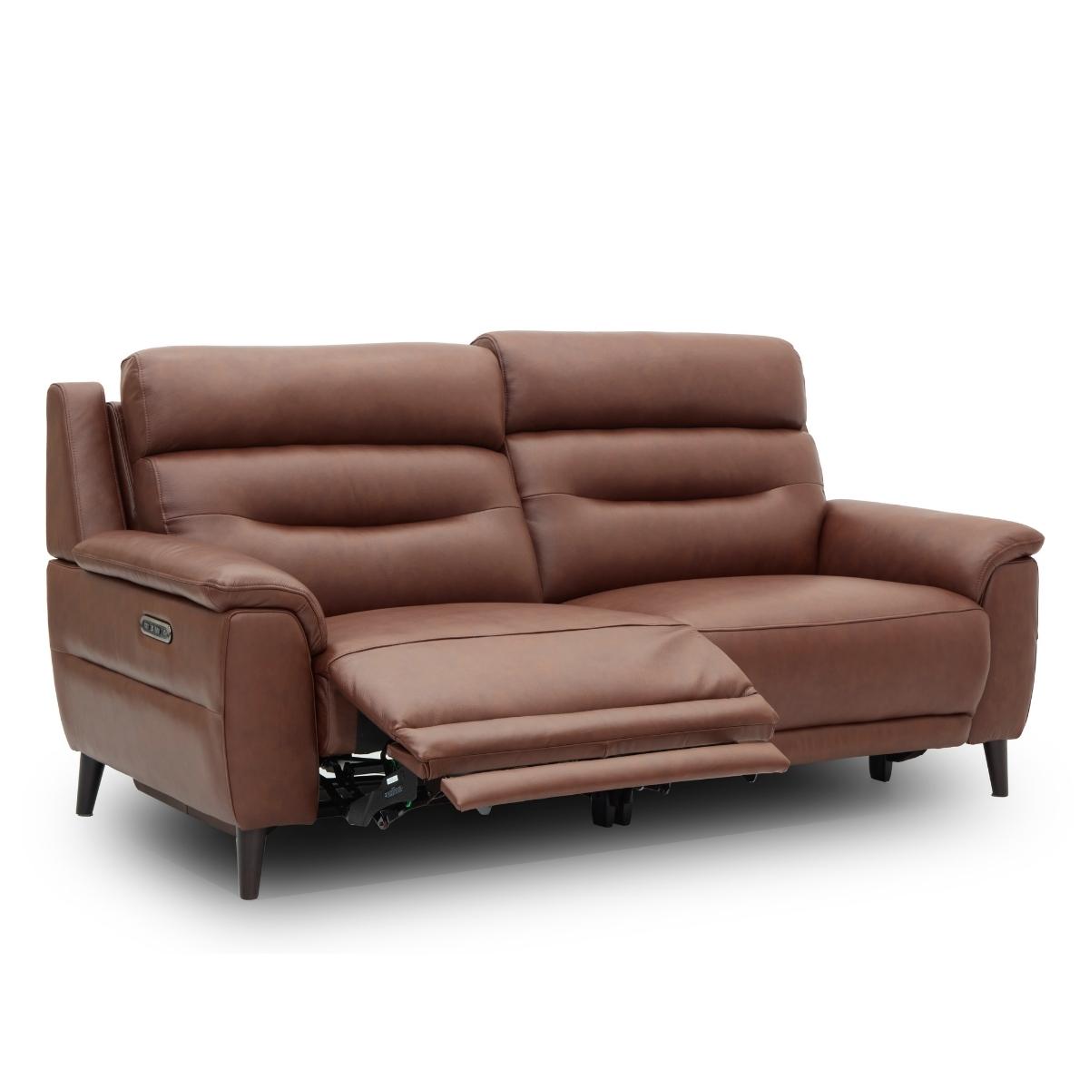 Lawrence brown leather reclining 2.5 seater sofa with one seat cushion extended, shown on a clean white background.