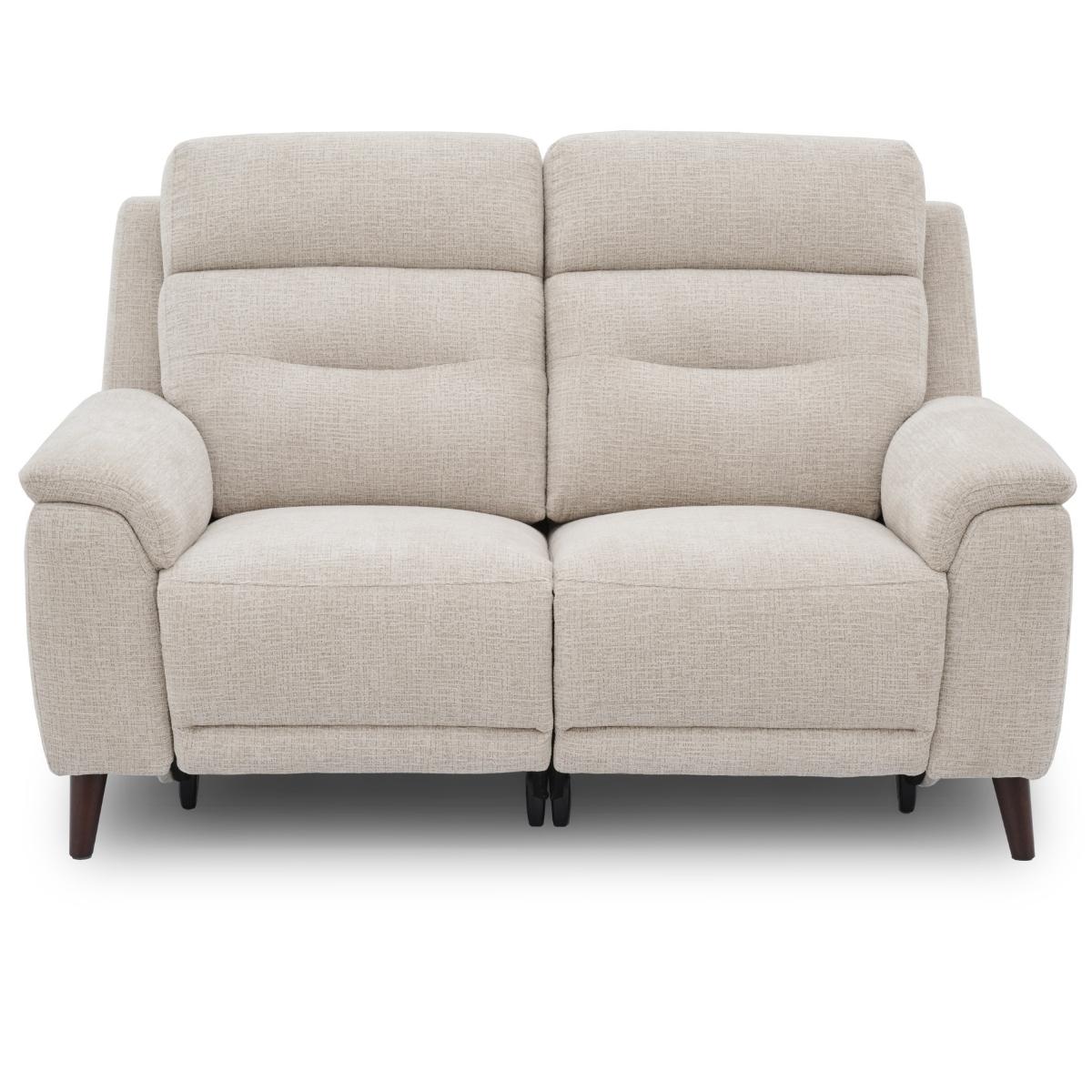 Lawrence two-seater upholstered reclining loveseat in a light beige textured fabric, featuring dark wood legs, shown against a plain white background.