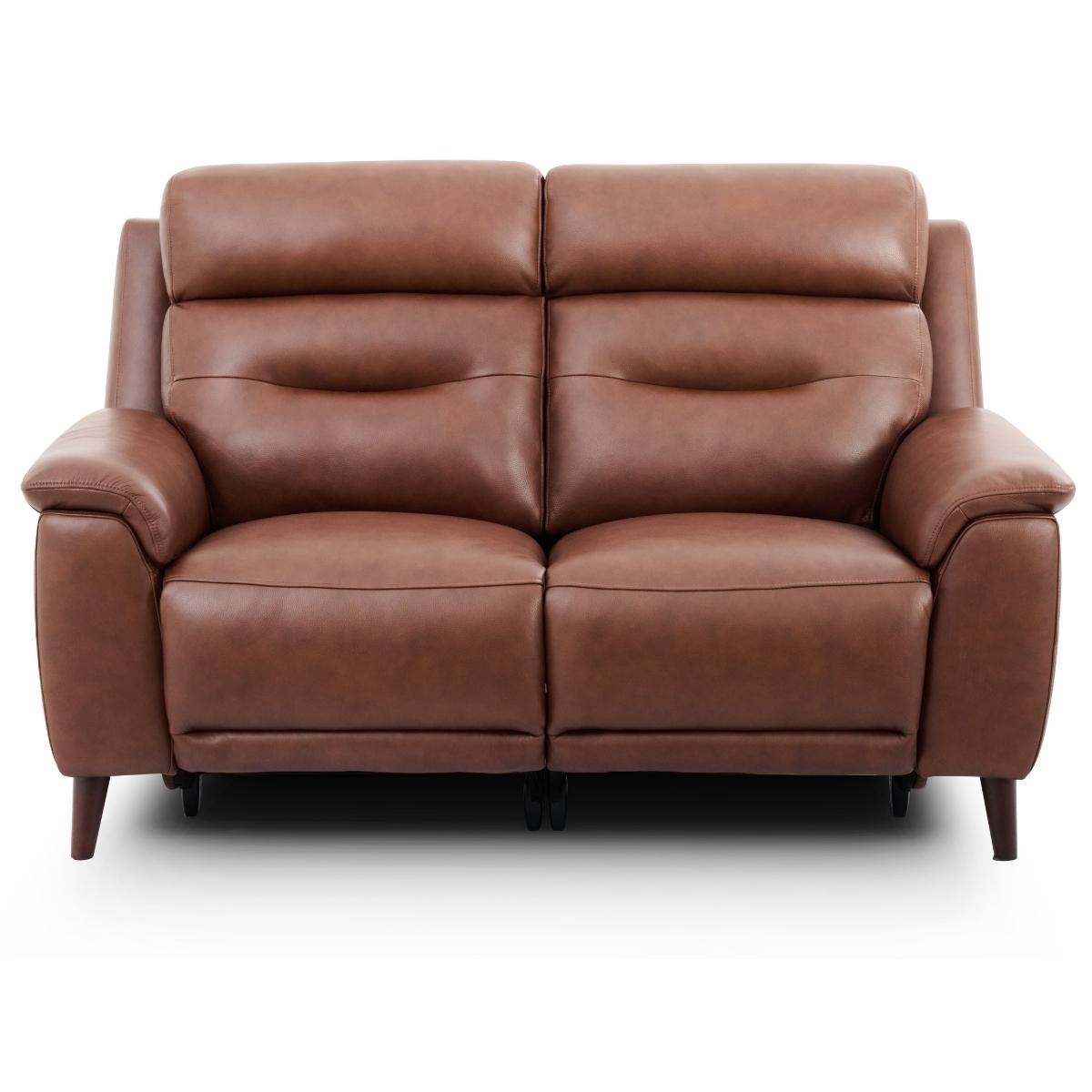 Lawrence brown leather reclining 2 seater sofa with tufted back cushions and dark wooden legs, shown against a plain white background.
