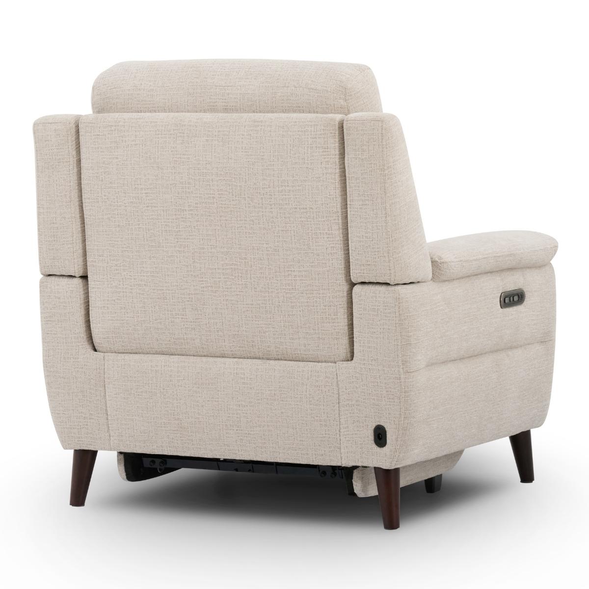 Lawrence beige upholstered recliner chair shown from the rear three-quarter angle on a clean white background.