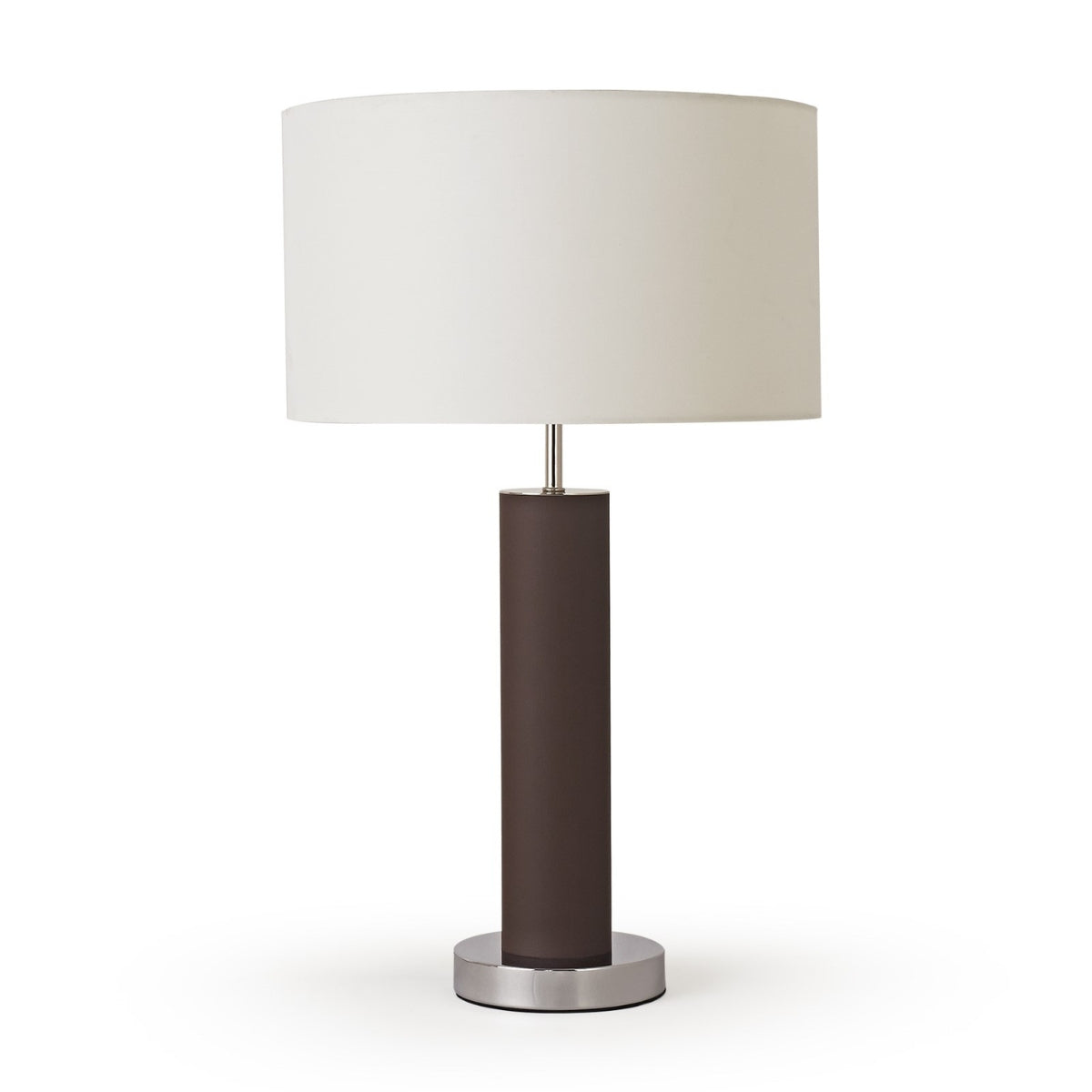Table lamp with a white shade and brown cylindrical base on a white background