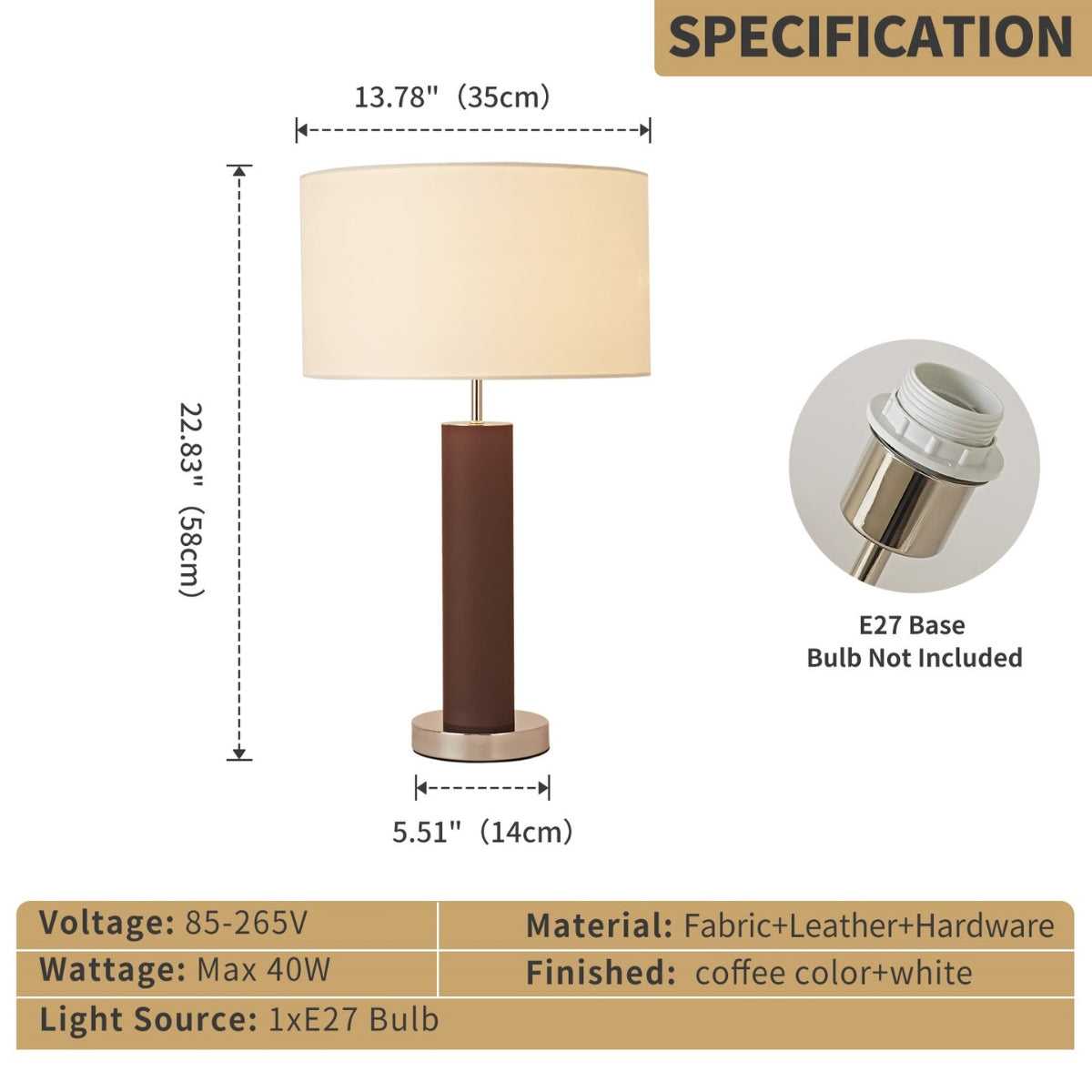 Table lamp with dimensions, base type, and material details on a white background