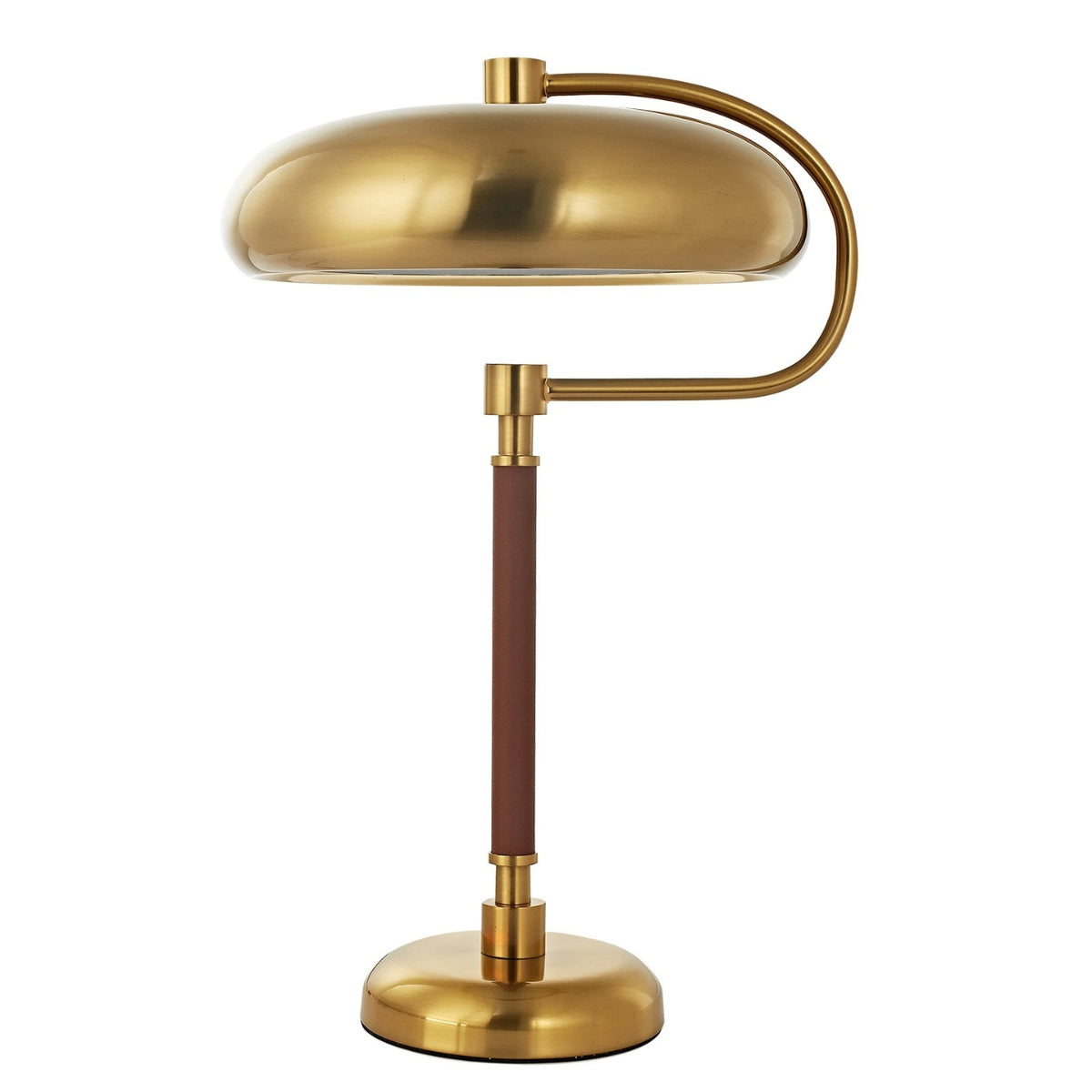 Gold desk lamp with adjustable arm on a white background