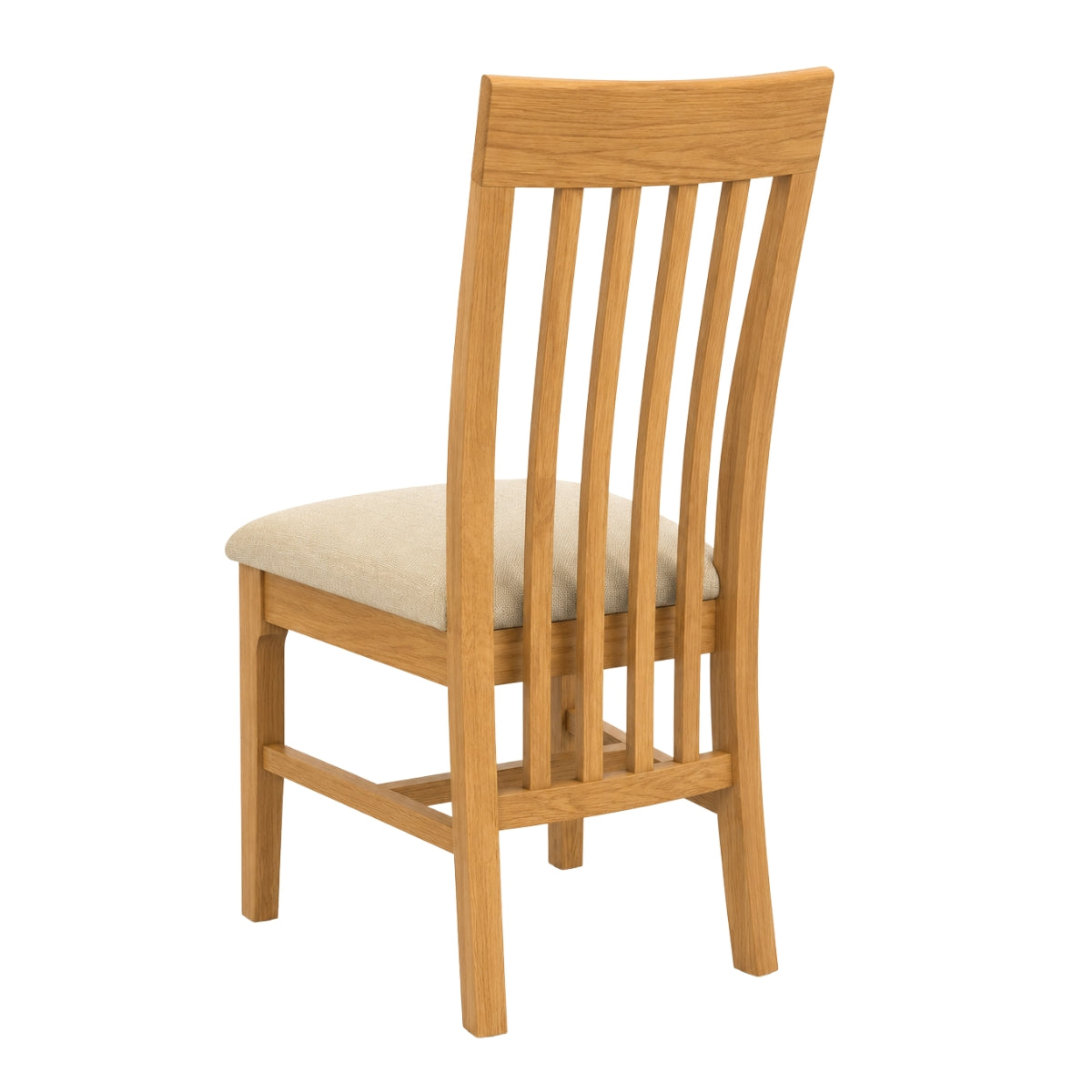 Maldon wooden dining chair with a slatted backrest and a light beige upholstered seat cushion, shown from a three-quarter angle on a plain white background.