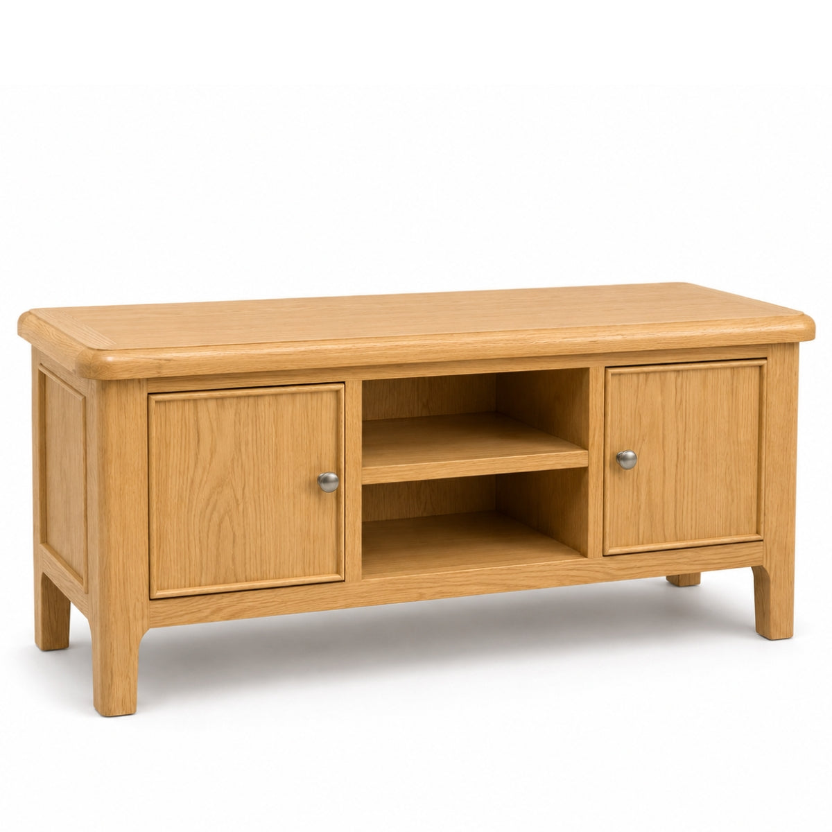 Maldon oak wood TV stand or media console with two cabinet doors, a central open shelf, and small silver knobs, shown on a plain white background.