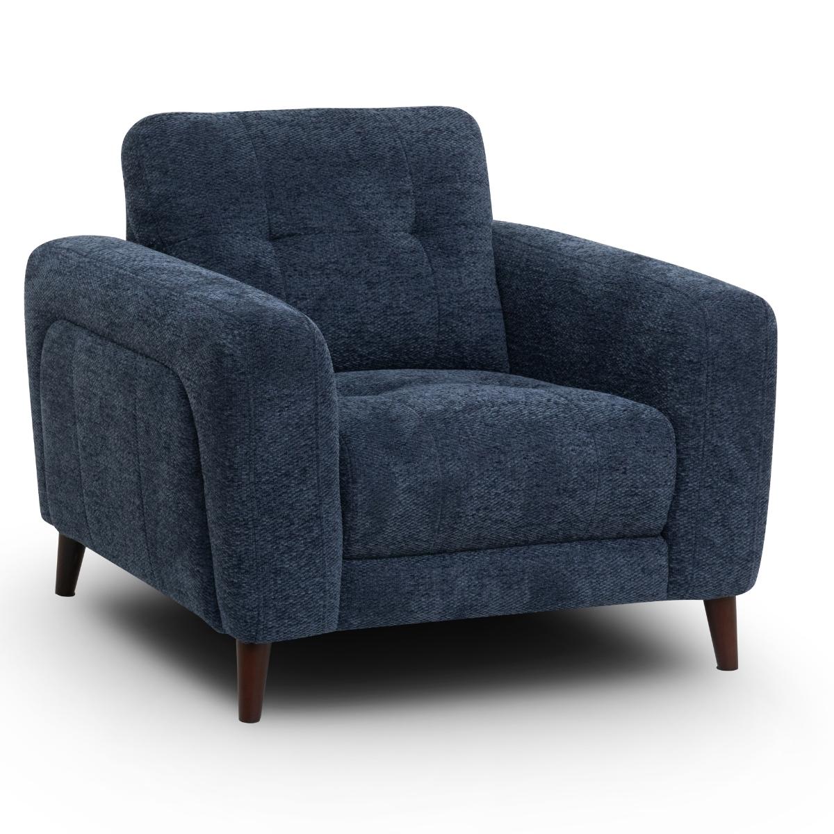 Manhattah upholstered armchair in textured navy blue fabric with dark brown wooden legs, shown on a clean white background.